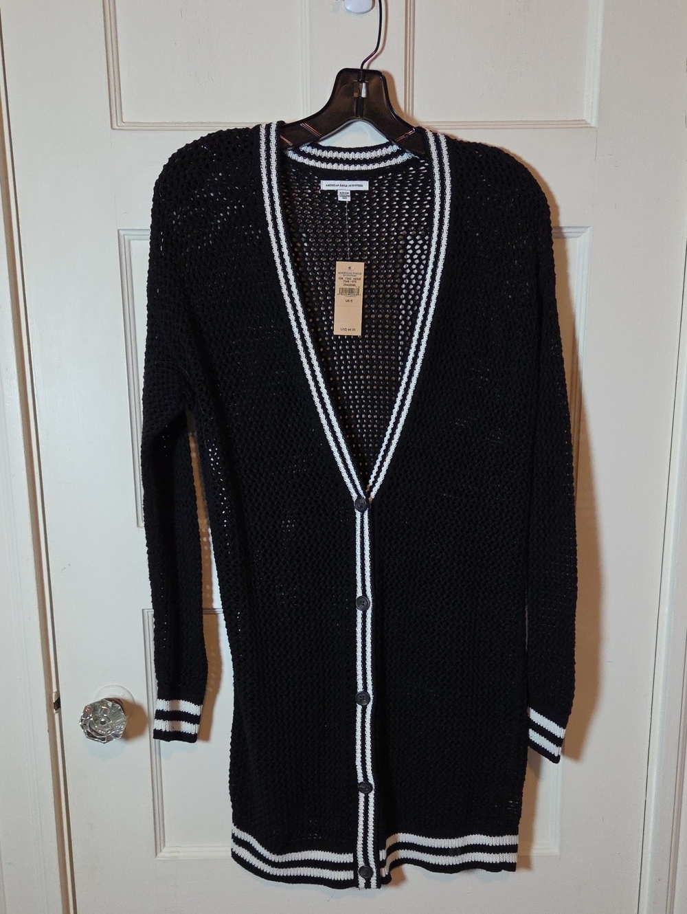 American Eagle Cardigan Mesh Varsity Button Sweater Black & White Edging size S